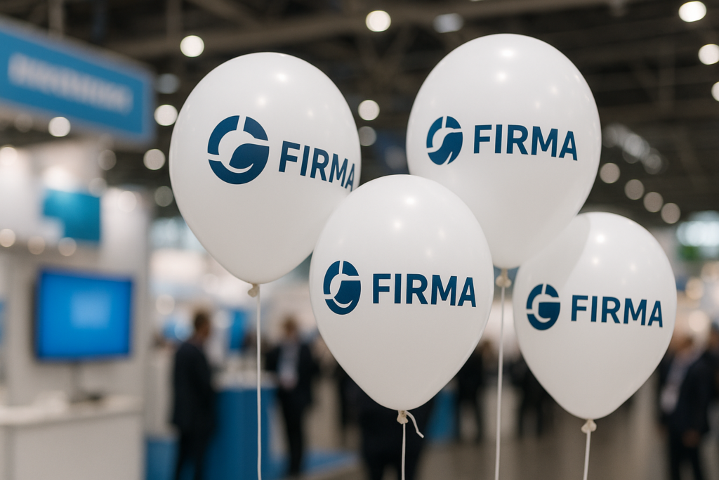 Mehrere weiße Luftballons mit Logo auf einer Messe.