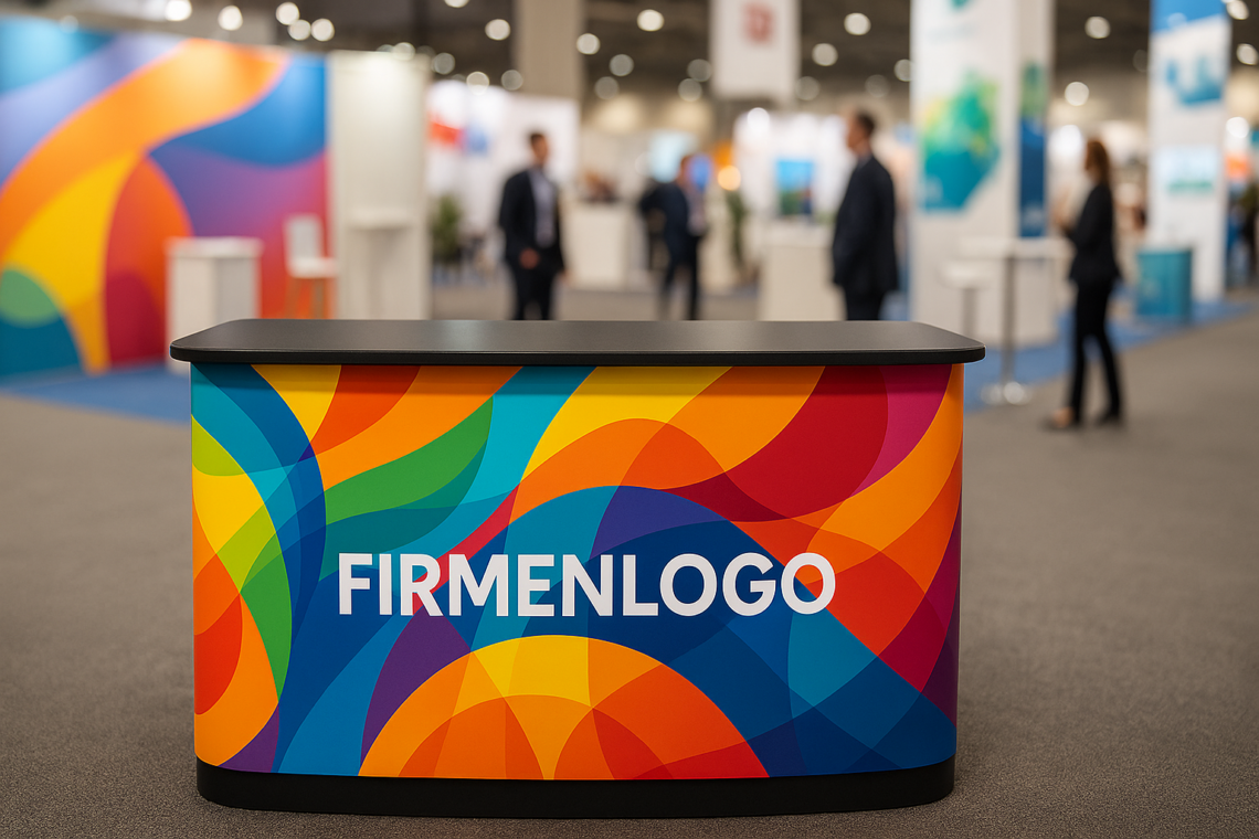 Bedruckte Messetheke mit Firmenlogo für Messeauftritt