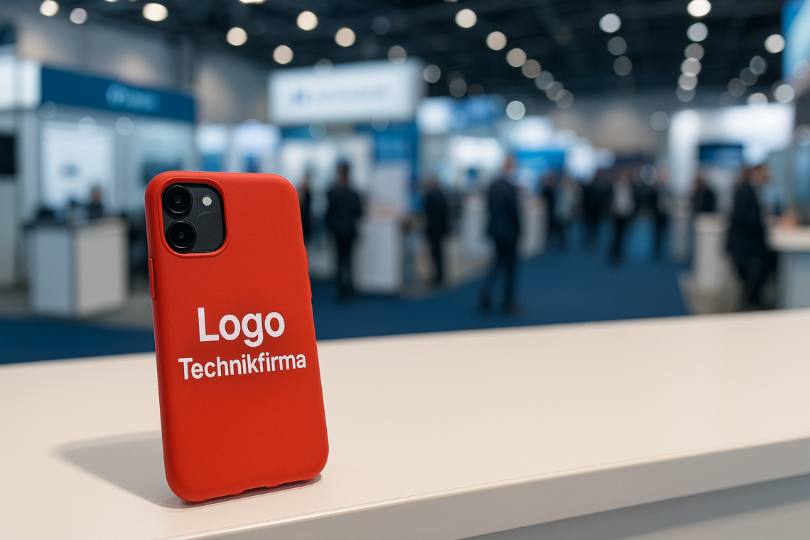 Bedruckte Handyhülle einer Technikfirma auf einer Messe. Die individuelle Handyhülle ist rot und darauf steht "Logo Technikfirma".