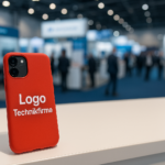 Bedruckte Handyhülle einer Technikfirma auf einer Messe. Die individuelle Handyhülle ist rot und darauf steht "Logo Technikfirma".