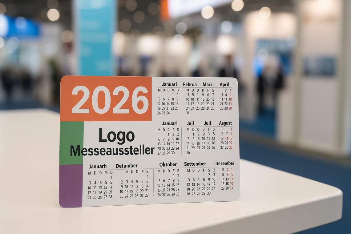 Ein Minikalender mit Logo steht auf einem Messetisch. Es ist ein bedruckter Taschenkalender von 2026, der von Messeausstellern an ihre Besucher als Werbegeschenk ausgegeben werden kann.