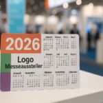 Ein Minikalender mit Logo steht auf einem Messetisch. Es ist ein bedruckter Taschenkalender von 2026, der von Messeausstellern an ihre Besucher als Werbegeschenk ausgegeben werden kann.