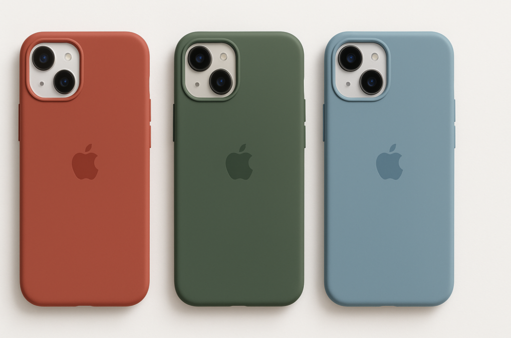 Drei verschiedenfarbige iPhone-Handyhüllen sind nebeneinander abgebildet. Eine bedruckte Handyhülle ist rot, eine grün und eine blau.