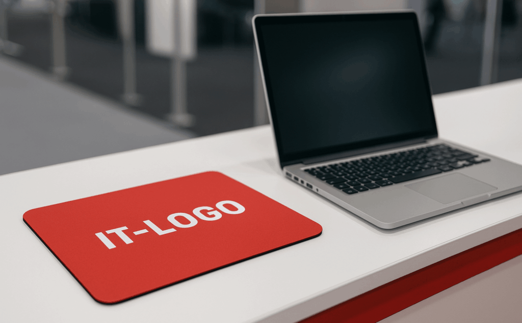 Ein individuelles Mousepad liegt auf einer Messetheke. Daneben steht ein Laptop. Auf dem bedruckten Mousepad steht "IT-Logo".