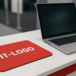 Ein individuelles Mousepad liegt auf einer Messetheke. Daneben steht ein Laptop. Auf dem bedruckten Mousepad steht "IT-Logo".